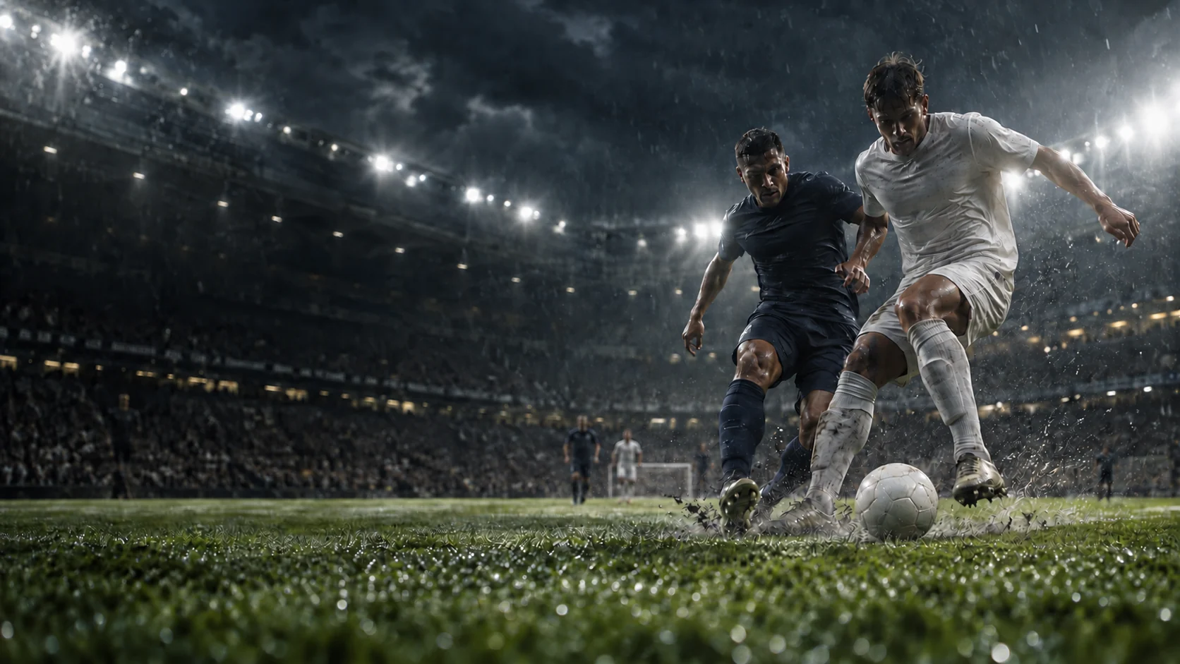 Original football artwork showing players in an illuminated stadium